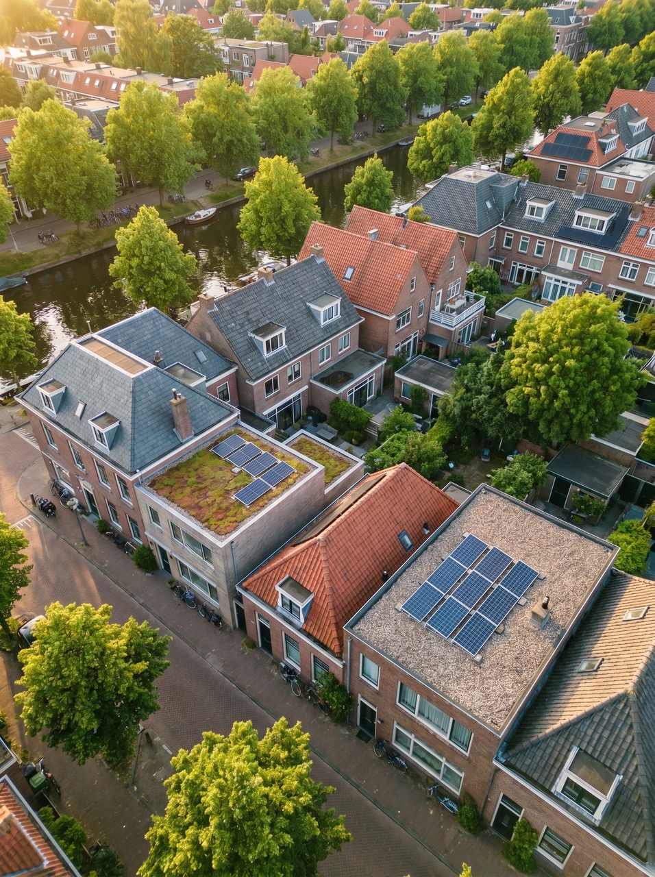 Drone-luchtfoto van een Nederlandse woonwijk met zonnepanelen op de daken