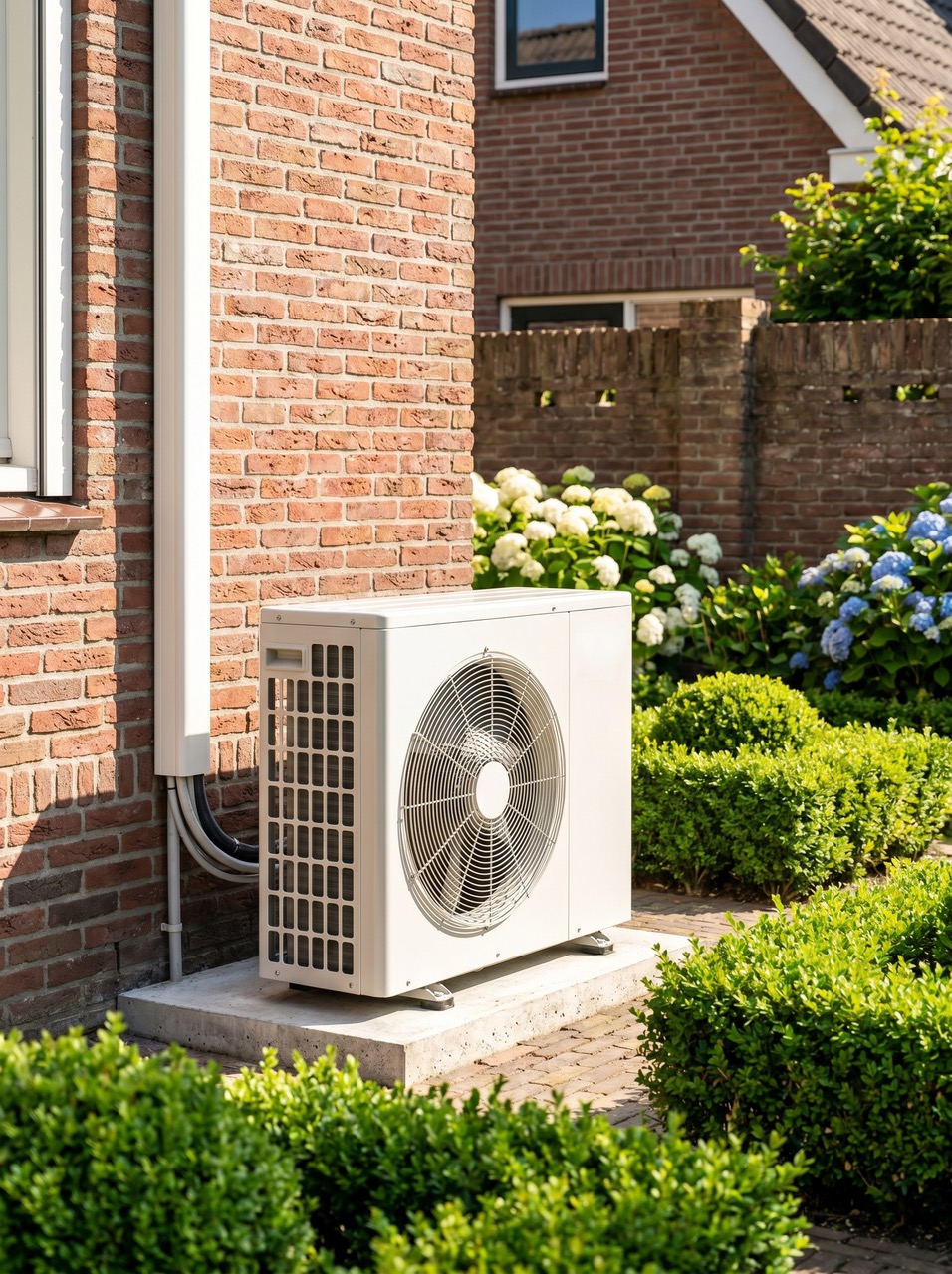 Witte buitenunit van een warmtepomp aan een Nederlandse woning