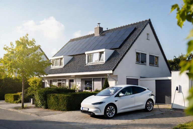 Elektrische auto die thuis wordt opgeladen met stroom van zonnepanelen