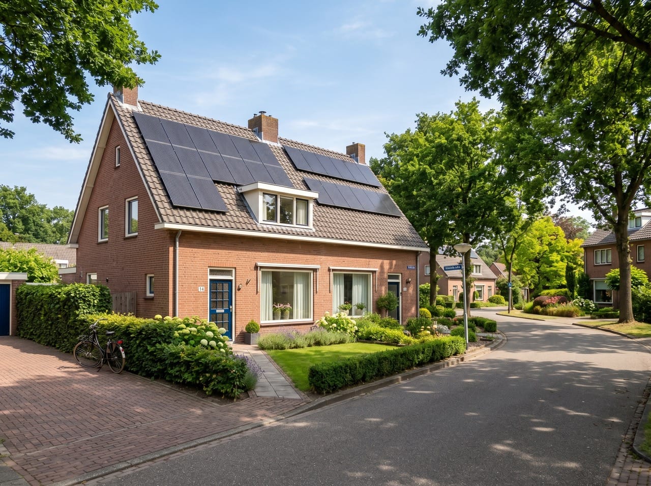 Nederlandse twee-onder-een-kap met zonnepanelen op het dak